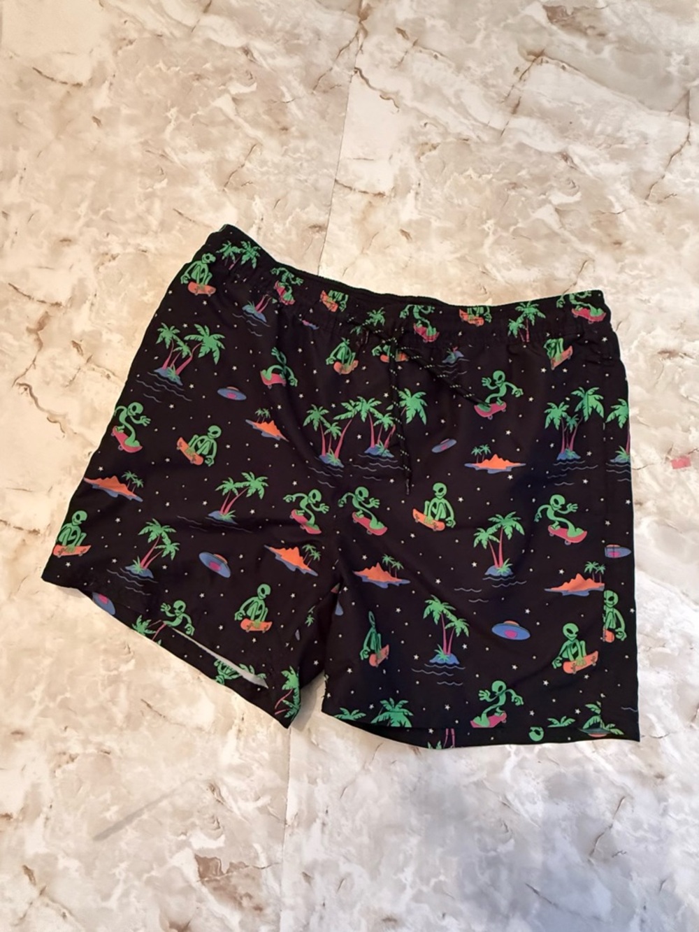 No Boundaries Black Swim Shorts with Neon Green & Pink Surf Print